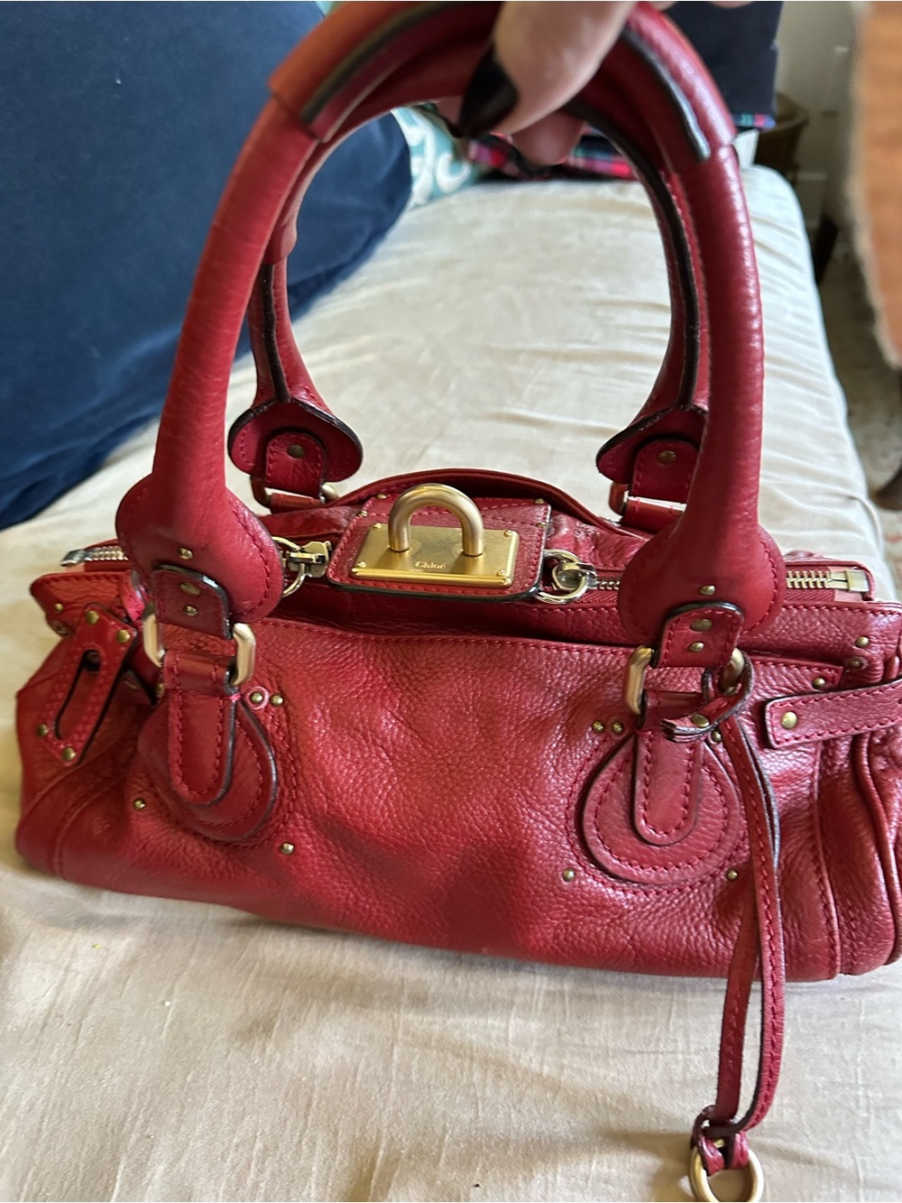 Classic Red Leather Chloe Paddington Satchel Handbag with Gold Hardware